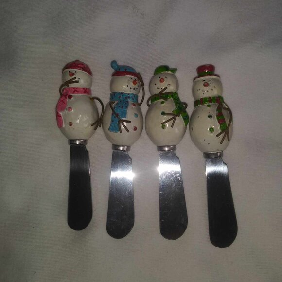 Vintage Boston Warehouse stainless China cheese butter spreader SNOWMEN set of 4 - Picture 5 of 9